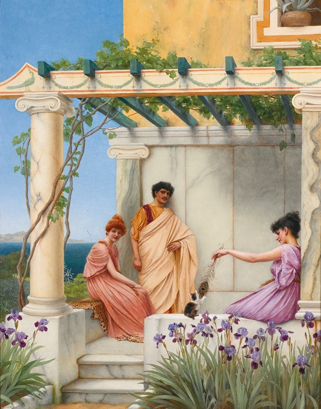 a painting depicts a man and two women in classical robes on a terrace. the woman on the left sits on a step, clad in a pink robe, while the man, dressed in a creamcolored robe, stands beside a marble wall. the woman on the right, in a purple robe, sits on the wall and playfully holds a peacock feather in front of a kitten. irises grow in the foreground. the terrace is shaded by a pergola, with a seascape visible in the background.