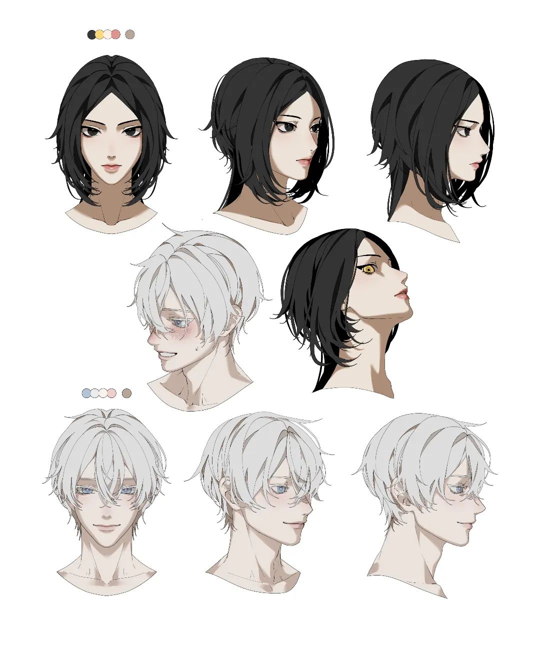 the image showcases character design sketches or a model sheet for two characters, possibly for animation or illustration purposes.  it features a female character with dark hair and a male character with white hair. both characters are presented in multiple views (front, ¾, and profile) to demonstrate their features and potential expressions. the art style leans towards anime or manga aesthetics, using soft lines and subtle shading.