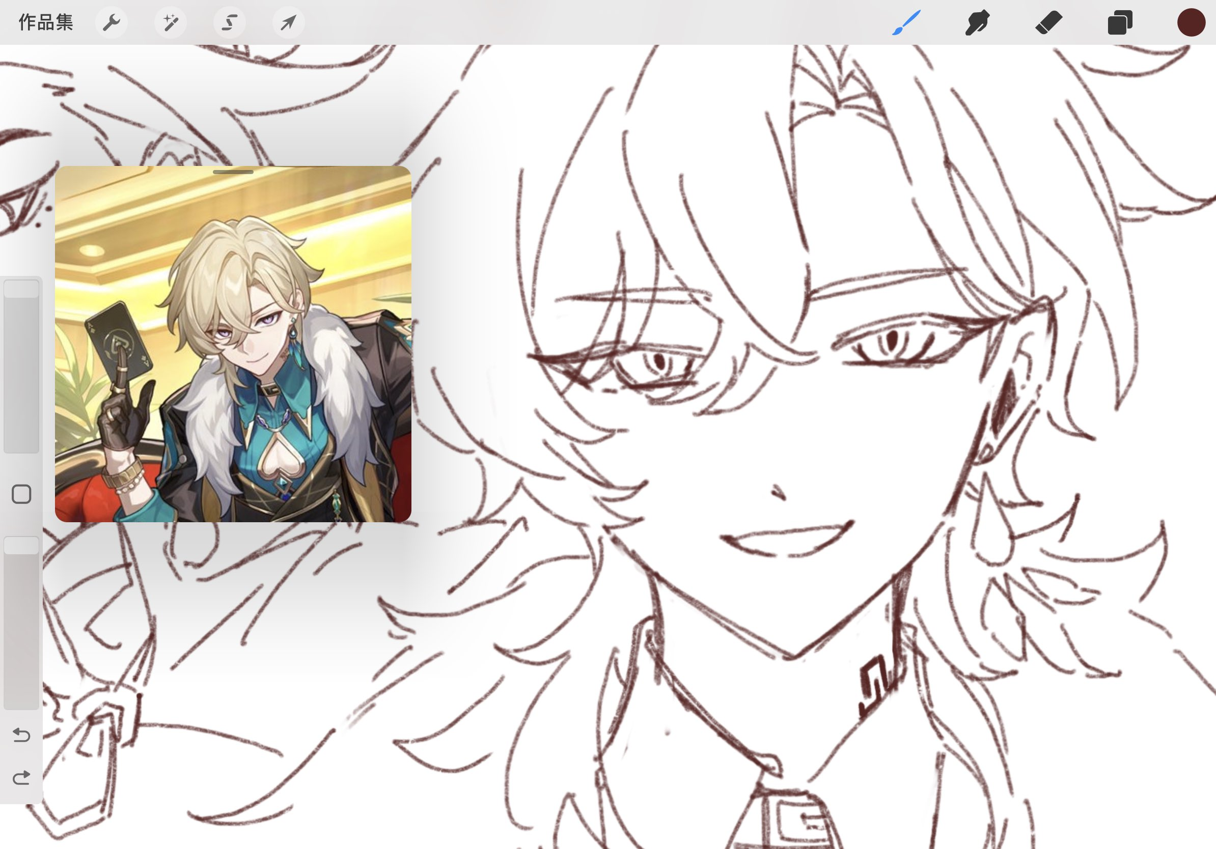 the image shows a digital drawing in progress.  on the left is a smaller, fully rendered image of childe (tartaglia) from genshin impact, serving as a reference. on the right is a larger, partially completed sketch of the same character, showing the artist’s process of creating the final artwork. the sketch shows a line drawing of childe's face and upper body, with some shading added. the background shows additional, lighter sketches, possibly preliminary concepts.  the image displays the digital art tools’ toolbar at the top.