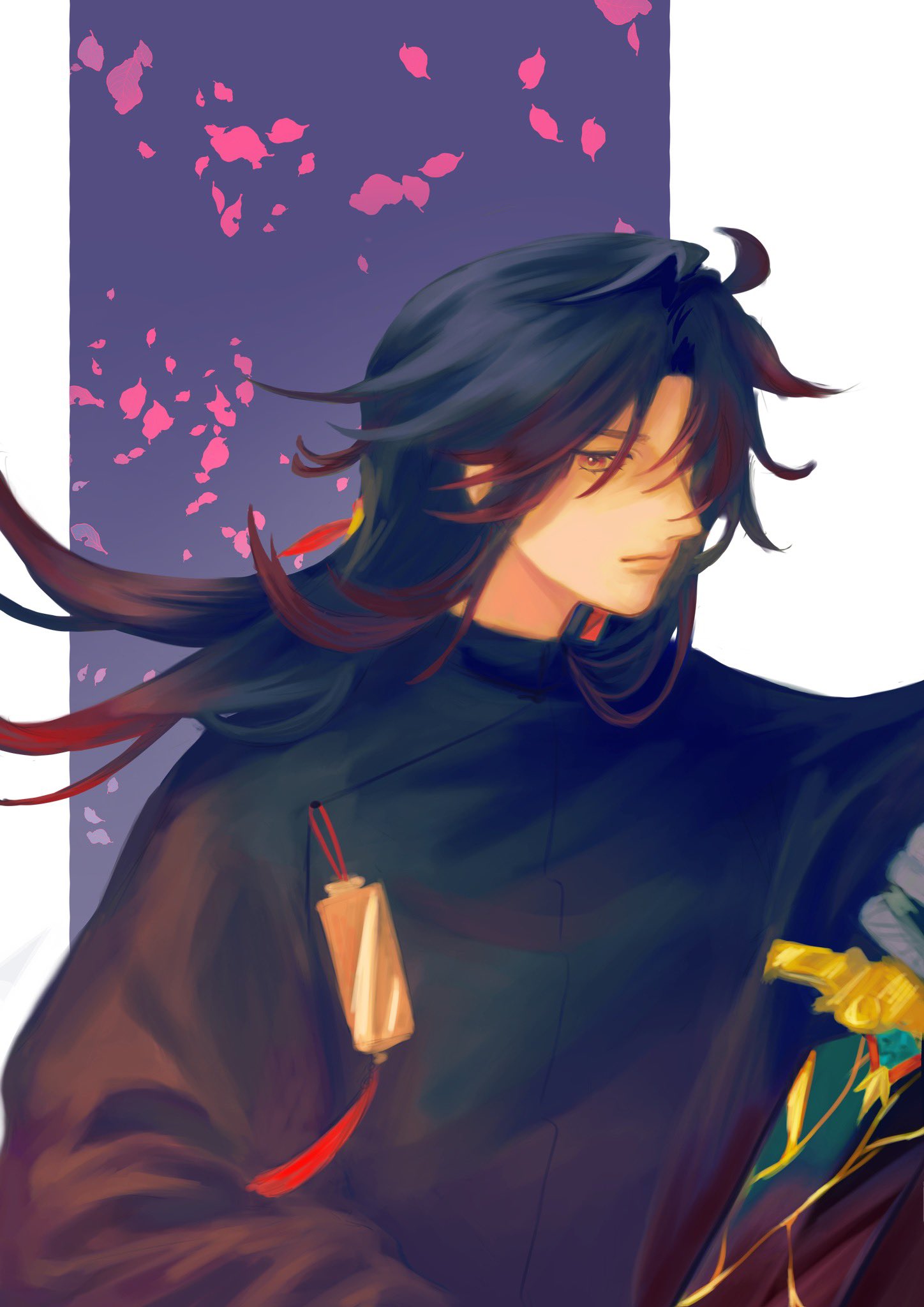 a digital art piece of a young man with long black hair and brown eyes in a chinese robe. he is standing with his face turned slightly to the left, looking off into the distance. the background is a soft purple with pink petals floating around.