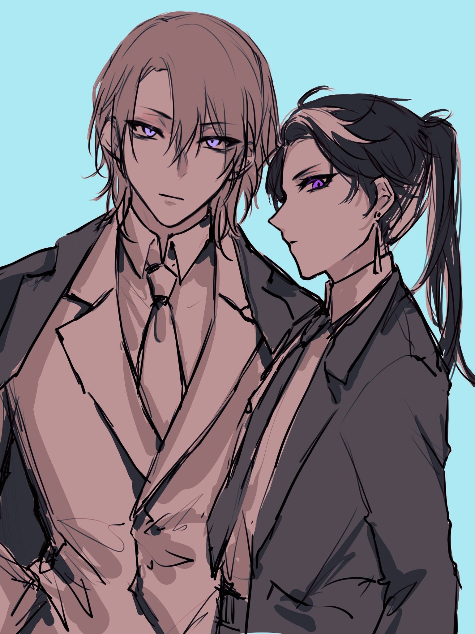 the image depicts a closeup portrait of an anime couple. the male character is wearing a brown suit jacket, white dress shirt, and a blue tie. he has blonde hair and purple eyes. the female character is wearing a black suit jacket, white shirt, and a black tie. she has black hair with a white streak and purple eyes. the couple appears to be in a romantic relationship. the image is drawn in a stylized, mangainspired style. the characters are depicted in a realistic manner, with a focus on their expressions, details, and poses. the overall tone of the image is romantic and stylish.