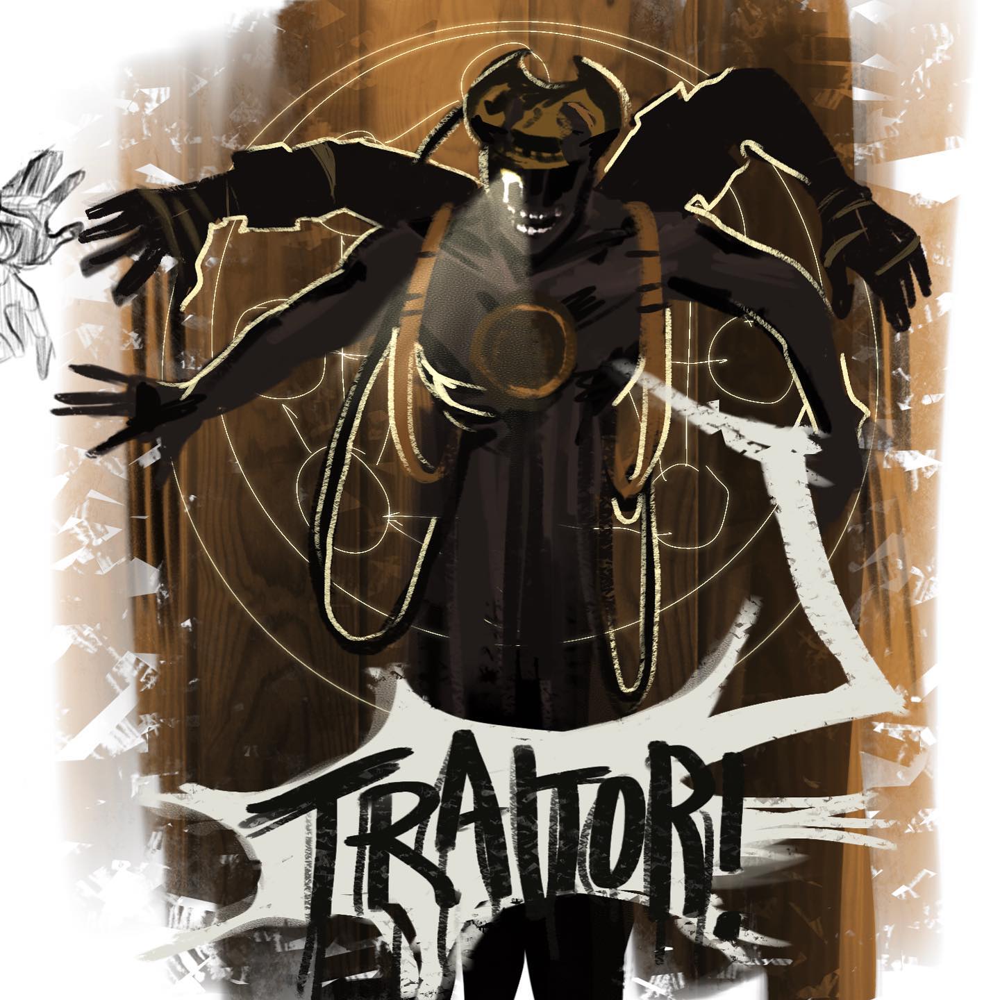 the image showcases a sinister cartoon character against a wooden backdrop. the character, rendered in dark hues, is reminiscent of vintage cartoons with exaggerated features: a wide, grotesque grin, and multiple arms. a single glowing eye adds to its unsettling appearance. chains and what appear to be pipes are attached to its body, hinting at a mechanical or monstrous nature. the word "traitor" is boldly painted below the character, solidifying its villainous role. the overall aesthetic blends horror elements with a classic cartoon style, creating an unsettling yet captivating image.