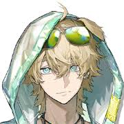 a digital art image depicting an anime boy with blonde hair, blue eyes, wearing a hoodie and sunglasses.
