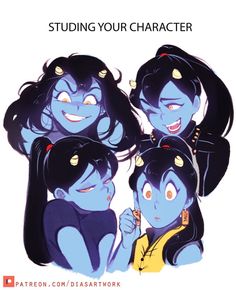 the image showcases four different expressions of the same female character, drawn in a cartoonish style against a white background. the character, depicted with blue skin, black hair, and pointed ears, displays a range of emotions, from mischievous and flirty to surprised and innocent. the use of soft lighting and a frontal perspective emphasizes the character's expressions. overall, the image serves as a character study, highlighting the versatility and personality of the depicted figure.
