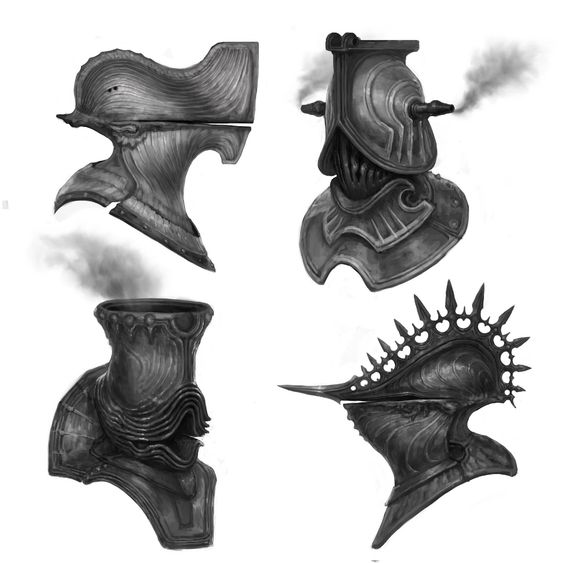 the image showcases four distinct concept sketches of ornate helmets, seemingly designed for knights or warriors in a fantasy setting. each helmet boasts a unique silhouette and intricate details. the top left features a helmet reminiscent of a bird skull, while the top right presents a more mechanical, almost steampowered aesthetic. the bottom left offers a classicallyinspired design with flowing lines, and the bottom right stands out with its aggressive, spiky silhouette. the monochromatic palette emphasizes form and texture over color.