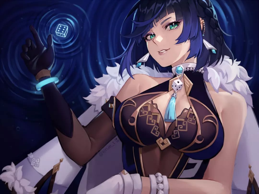 a digital painting of sangonomiya kokomi from genshin impact. she is a young woman with long, dark blue hair and striking green eyes. she is wearing an elegant, darkcolored dress adorned with gold accents and a diceshaped pendant. her expression is confident and alluring, and she is holding out one hand, from which a glowing dice seems to emanate.  the background is a deep blue with swirling patterns, adding to the mystical atmosphere. the overall style is vibrant and detailed, capturing kokomi's elegance and power.