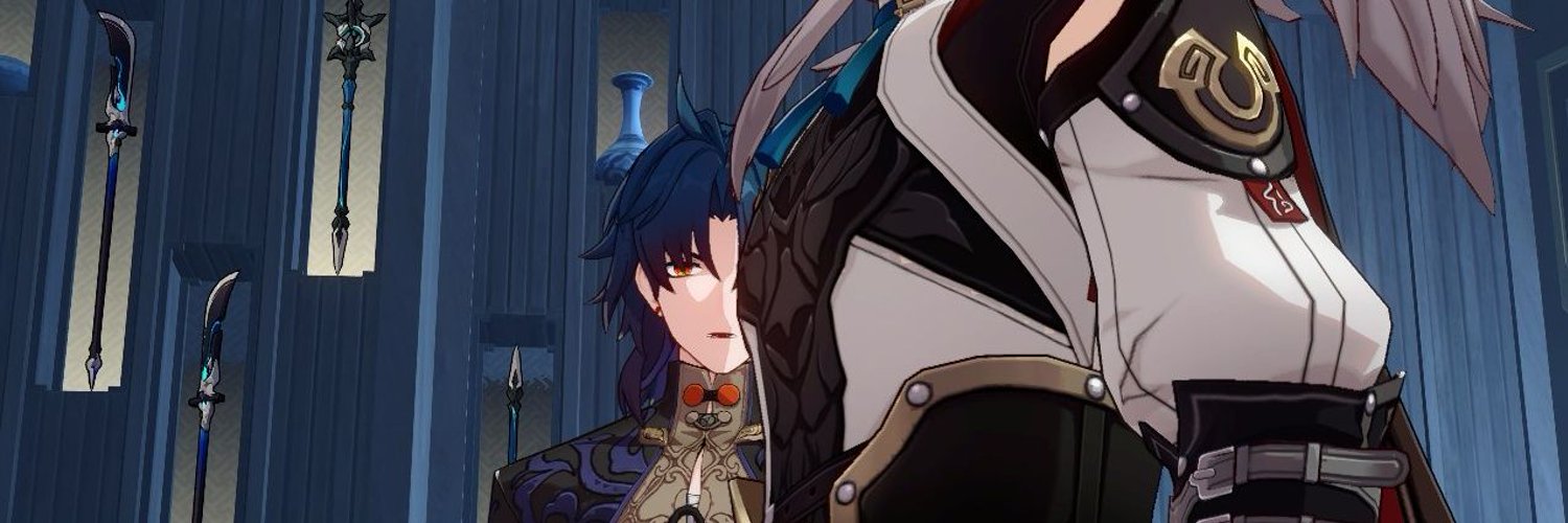 a closeup shot from genshin impact, showcasing scaramouche (wanderer) standing beside raiden shogun.  several polearms are visible on the wall in the background.  the image focuses on the characters' detailed outfits and expressions, with scaramouche slightly obscured by raiden shogun's presence. the art style is consistent with the animeinfluenced aesthetic of genshin impact.