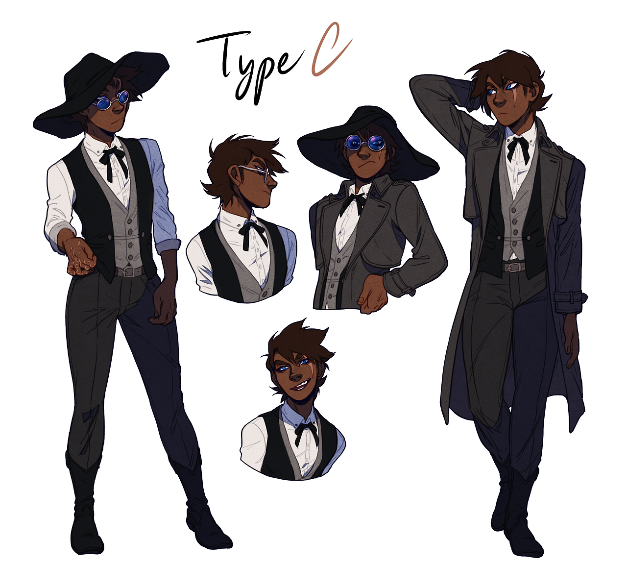 a digital illustration of a male character in various poses and expressions. he is dressed in a westerninspired outfit with victorian influences, including a widebrimmed hat, a vest, a frock coat, and boots. the character has dark skin and brown hair, and he is wearing round, bluetinted goggles. the image is a character sheet or concept art, showcasing different angles and details of the character's design. the background is white, allowing the character to stand out.