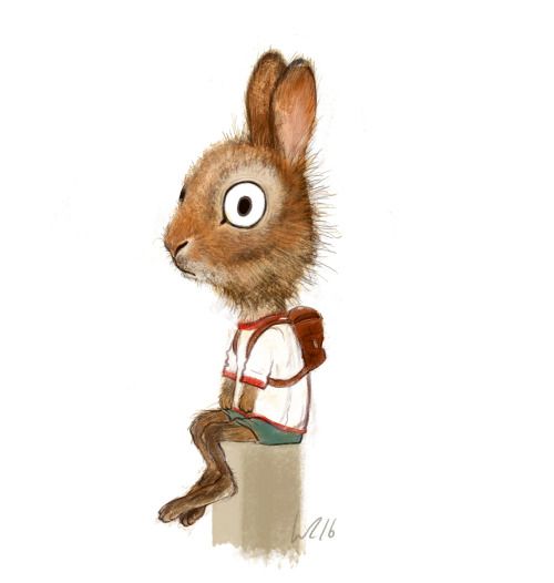 an illustration of an anthropomorphic bunny rabbit wearing a white tshirt with red trim and a small brown backpack. the bunny is sitting on a simple brown stool. the bunny has large eyes and a worried expression.