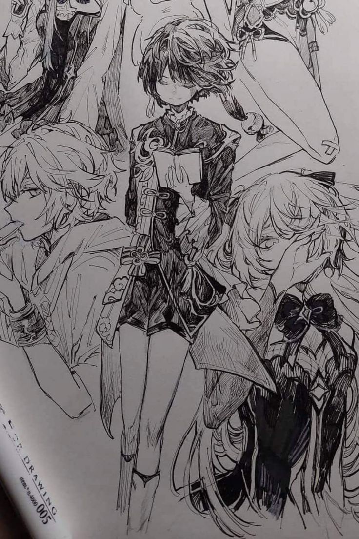 this is a black and white illustration of three animestyle female characters drawn in ink. they are all drawn in a very detailed and elegant style, and they appear to be friends standing together. the character on the left is wearing a long coat, the character in the middle is wearing a dress, and the character on the right is wearing a long cloak. the character in the middle is holding a book in her hands. they all have long hair, and the one in the middle has her hair tied up in a ponytail. the illustration is very beautiful and captivating, and it is sure to appeal to fans of anime and manga.