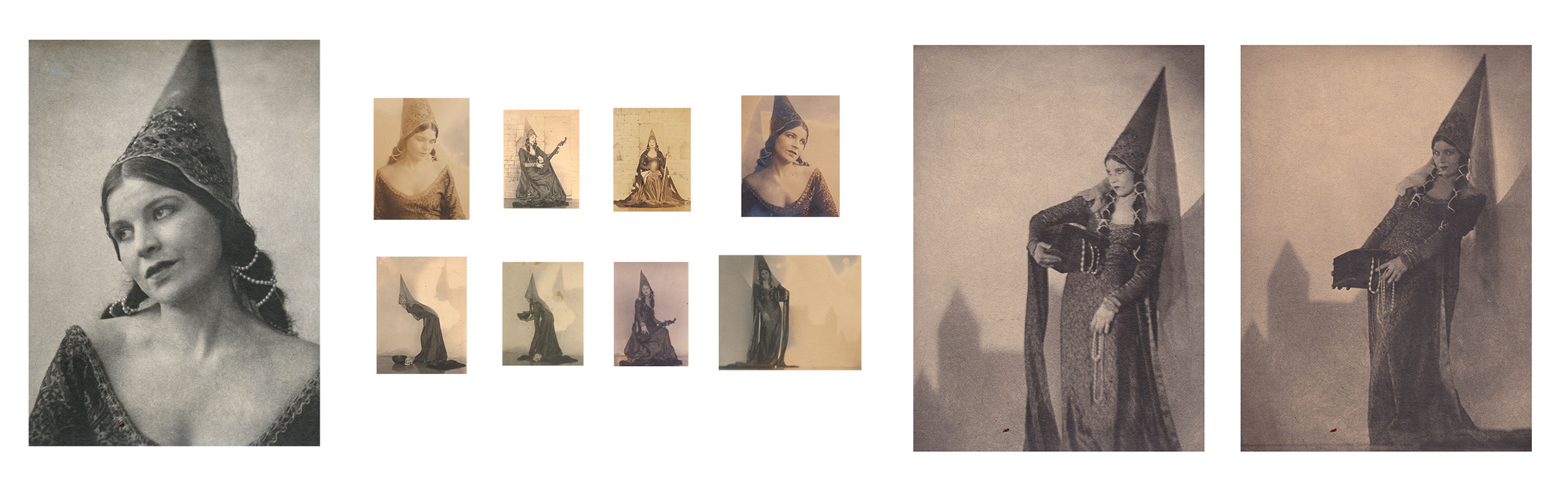 he image is a collage of vintage photographs, possibly publicity stills or portraits, of a woman in a medievalstyle costume. the central focus is a large, closeup shot of the woman’s face and upper body. she is wearing a dark, intricately designed gown and a tall, pointed hat that resembles a dunce cap.  the other smaller photos show the woman in various poses and from different angles, showcasing the complete costume and the setting of the shoot. some show her seated, others standing, demonstrating different aspects of her performance or character. the images are in sepia tones, enhancing their antique and vintage feel. the background in many photos is simple and neutral.  the overall impression is of a theatrical production, possibly from the early to mid20th century.