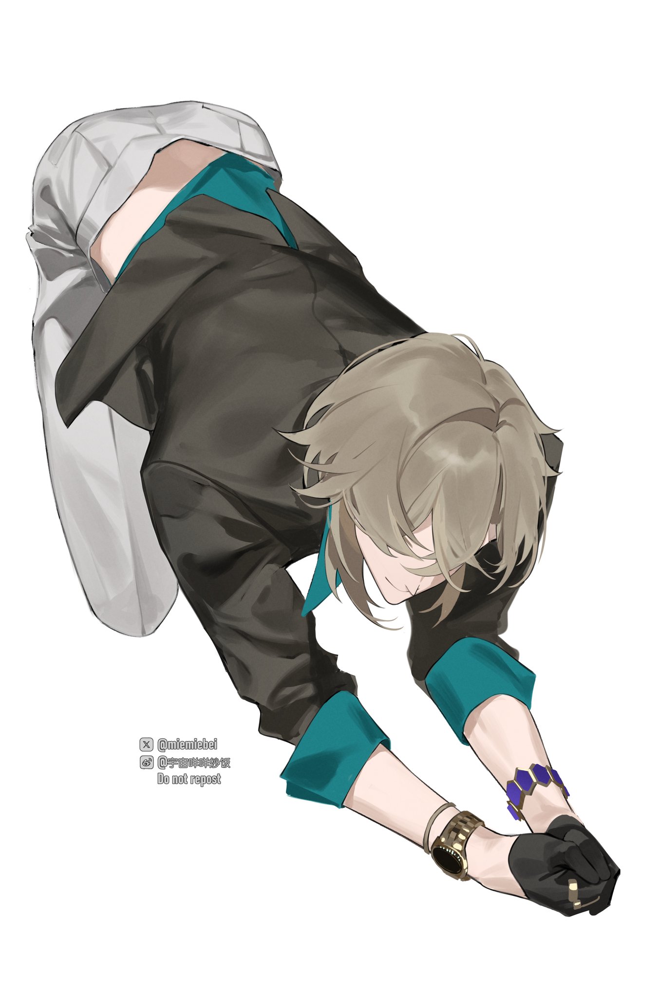 this is an illustration of a male anime character in a black suit jacket with teal cuffs, white pants, black gloves, a purple bracelet, and a wristwatch. he is bent forward with his arms outstretched in front of him, with his hair covering his face. he is drawn in a digital, cartoon style.