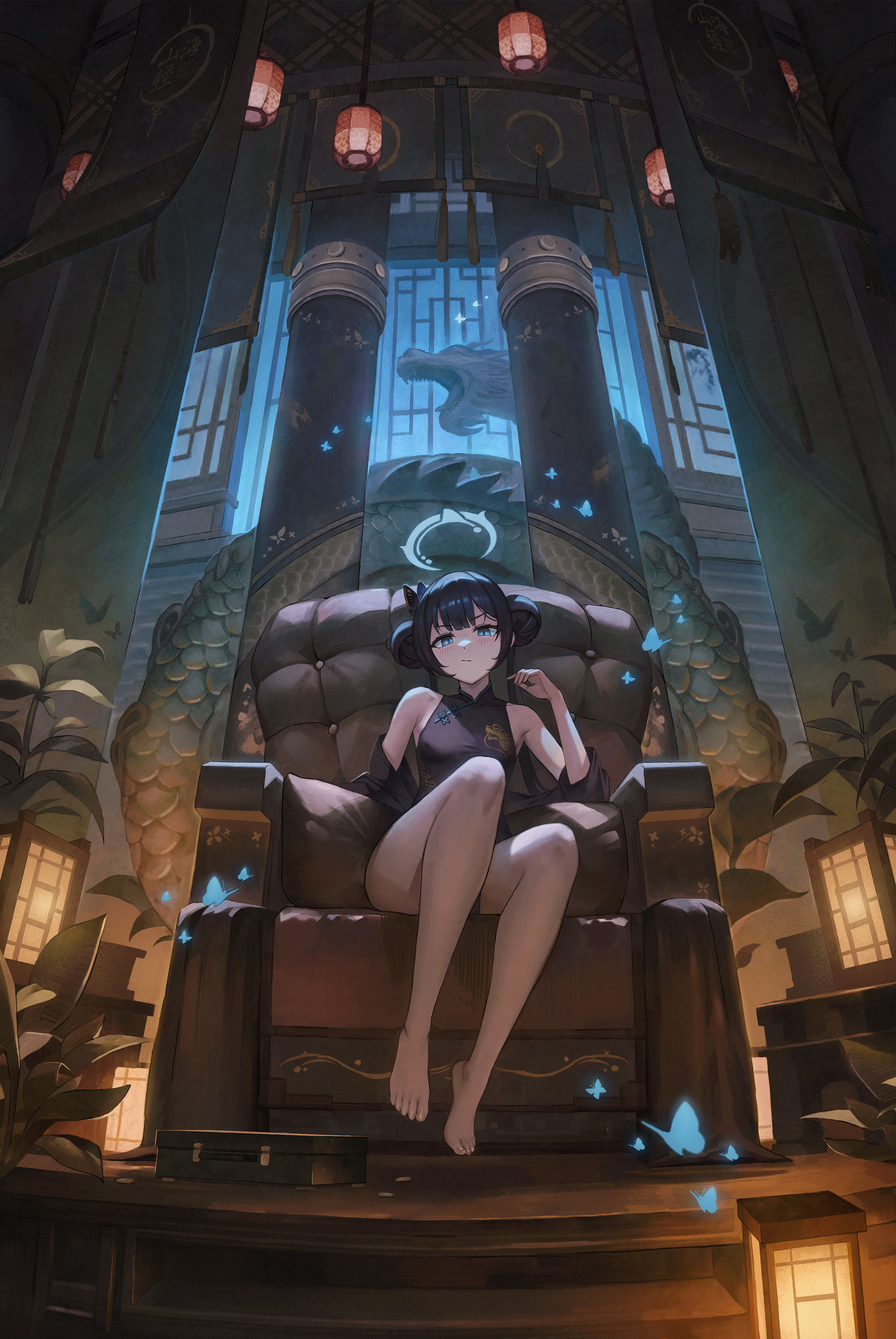 the image is a digital illustration depicting a young animestyle woman with dark hair and blue eyes. she is sitting serenely on an ornate, dark brown thronelike chair, barefoot. her attire is a darkcolored, traditional chinesestyle dress, possibly a qipao.  the background is a dark and mysterious interior space with traditional chinesestyle architecture,  featuring pillars, lanterns, and what appears to be a large aquatic creature, perhaps a dragon or serpent, depicted in a translucent panel behind the throne.  glowing blue butterflies flutter around her and the setting.  the overall mood is mystical, elegant, and serene with a touch of fantasy. the artistic style blends anime aesthetics with traditional chinese elements.
