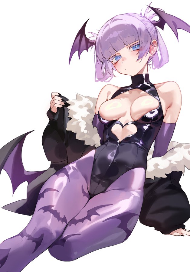 an anime girl with purple hair and bat ears and wings, wearing a black bodysuit with a heart shaped cutout, leggings, and a white fur jacket, is sitting on a white background. she has blue eyes and a serious expression on her face.  she is looking to the left side.  she is wearing black gloves on her hands.