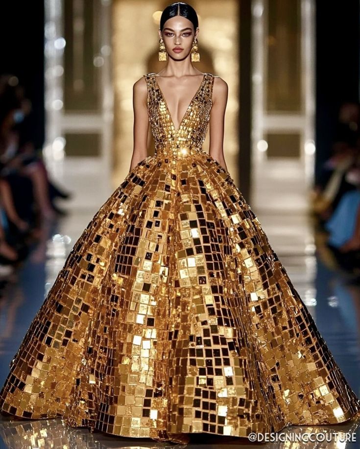 a model is walking on a runway wearing a gold ball gown. the gown is covered in gold mirror squares. she is also wearing gold earrings. the background is blurred, but it appears to be a fashion show setting.