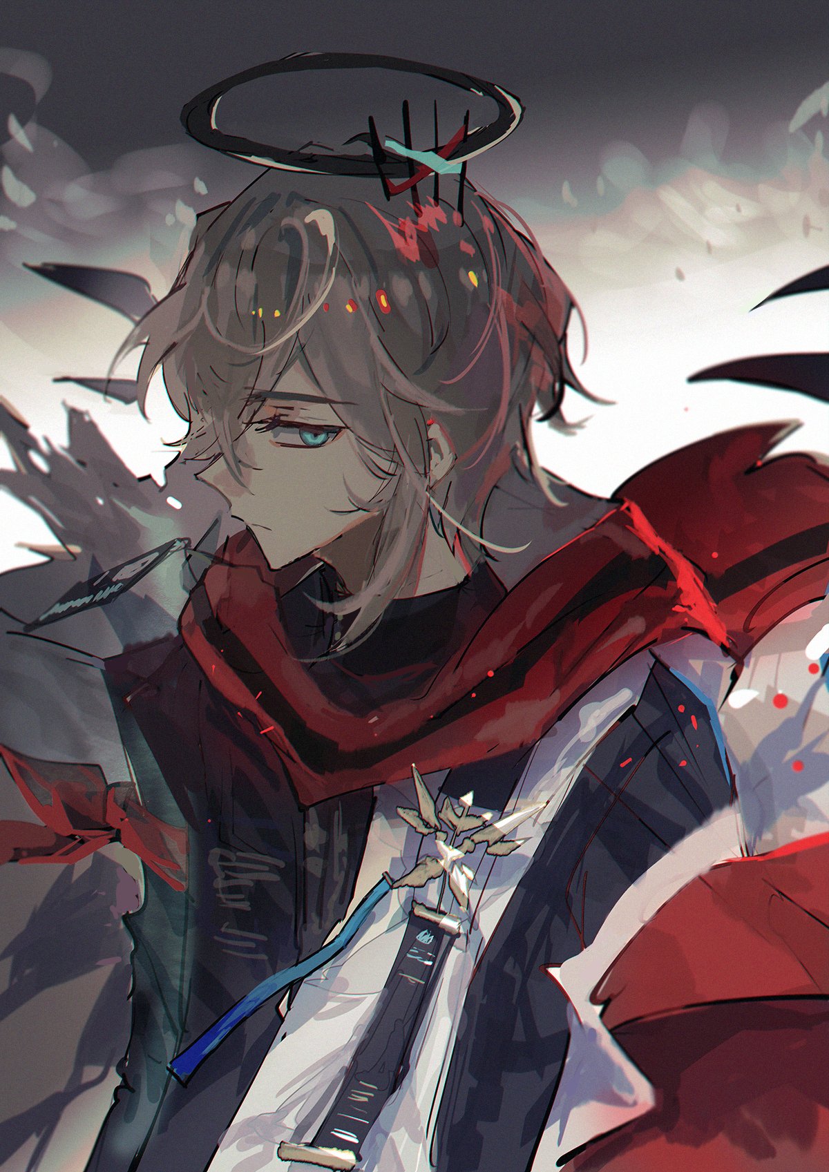 this is a digital fan art illustration of a male character from the video game honkai impact 3rd.  the character, who appears to be kiana kaslana, is depicted as an angel warrior.  he has grey hair and is wearing a red scarf. he has a halo and wings, and he is holding a sword.  the character looks determined and powerful.  the background of the image is a mix of white, black, and red, which suggests a postapocalyptic or apocalyptic setting.  the image is a dramatic and powerful portrait of the character.
