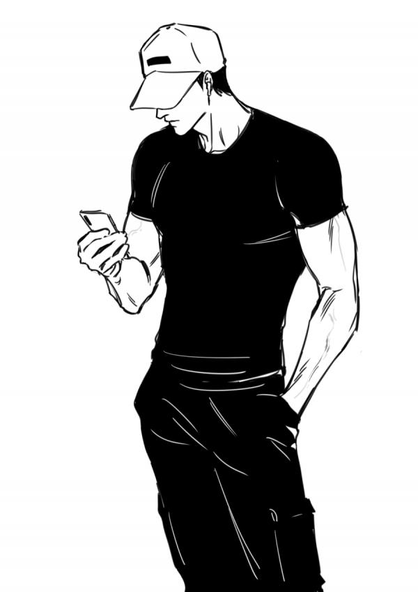 a black and white digital illustration of a man wearing a cap, shirt, and pants. he's holding a smartphone with one hand and his other hand is in his pocket. he's looking down and has a serious expression on his face.