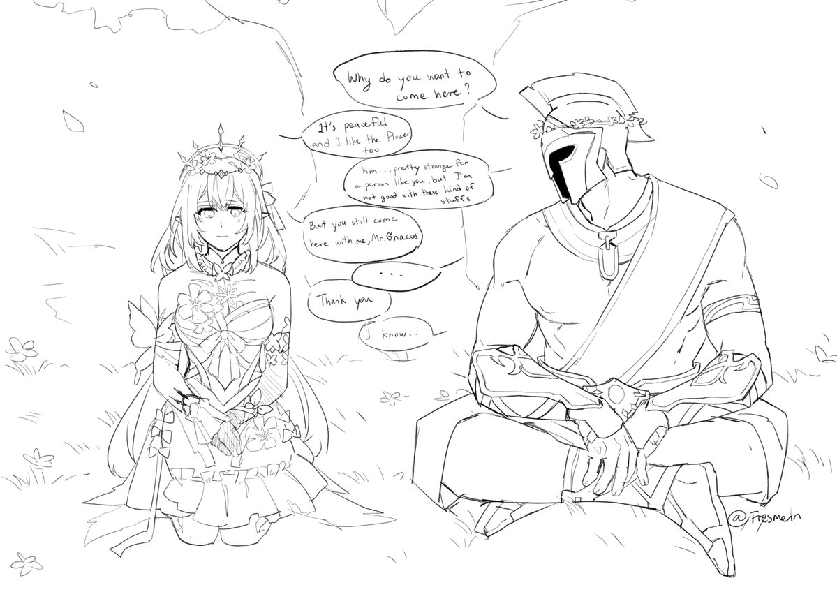 a sketch of two people sitting in a grassy area. the person on the left is a fairskinned female animestyle character with long flowing blonde hair, wearing a crown with flowers on it, and dressed in a dress with floral accents. she has a speech bubble that says "it's peaceful and i like the fluner too" and "but you still come here with me, mr. gracus" and "thank you". the person on the right is a muscular man wearing a helmet and a laurel wreath on his head. he is wearing armor and a cloth sash. he has a speech bubble that says "why do you want to come here?" and "hm...pretty strange for a person like you, but i'm not good with these kind of stuffs" and "(i know..". in the bottom right is a watermark that says "@fresmein".