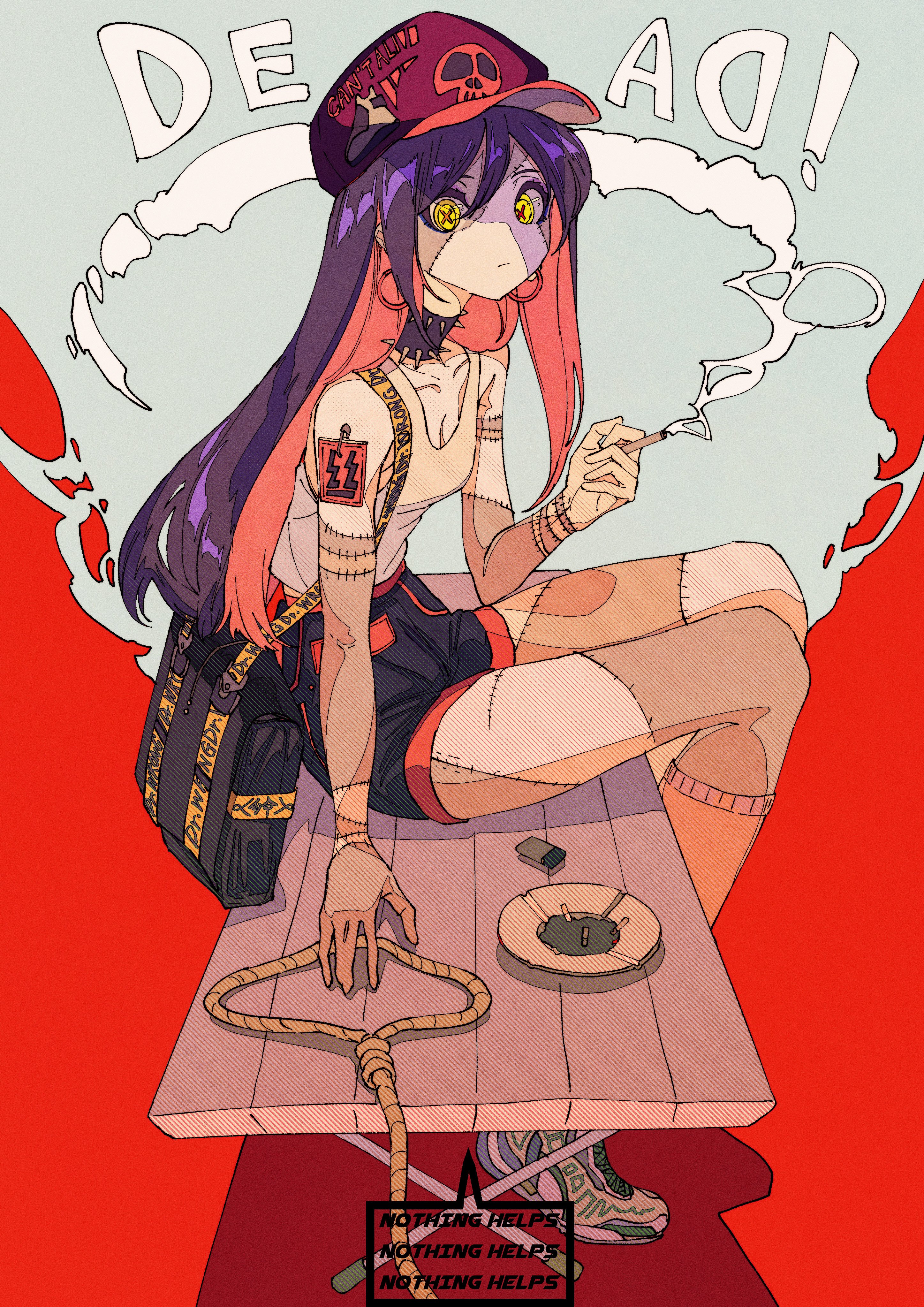the image is a digital illustration featuring an animestyle girl with long pink and purple hair. she appears injured, with visible stitches and bandages across her body. she's wearing a red cap with a skull design, streetwearinspired clothing, and sneakers. she is sitting on a wooden surface, a cigarette in her hand, with a noose and the repeated phrase "nothing helps" present. the background is a vibrant red. the overall aesthetic is dark, edgy, and suggests themes of depression, despair, and selfharm. the art style is detailed and expressive, drawing attention to the girl's emotional state.
