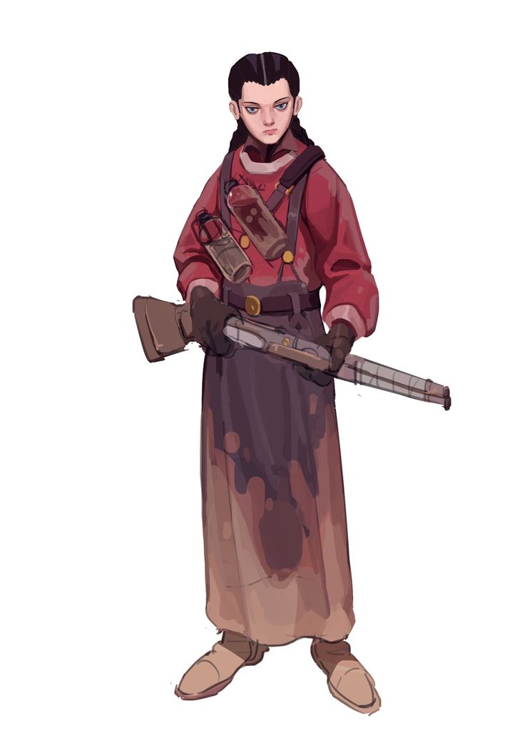 a digital painting of a female character, possibly from a video game,  dressed in a stained red shirt and apron. she carries a rifle and has several bottles attached to her back. her expression is serious, and her attire suggests a soldier or combat role in a possibly dystopian setting. the style is semirealistic with painterly brushstrokes.