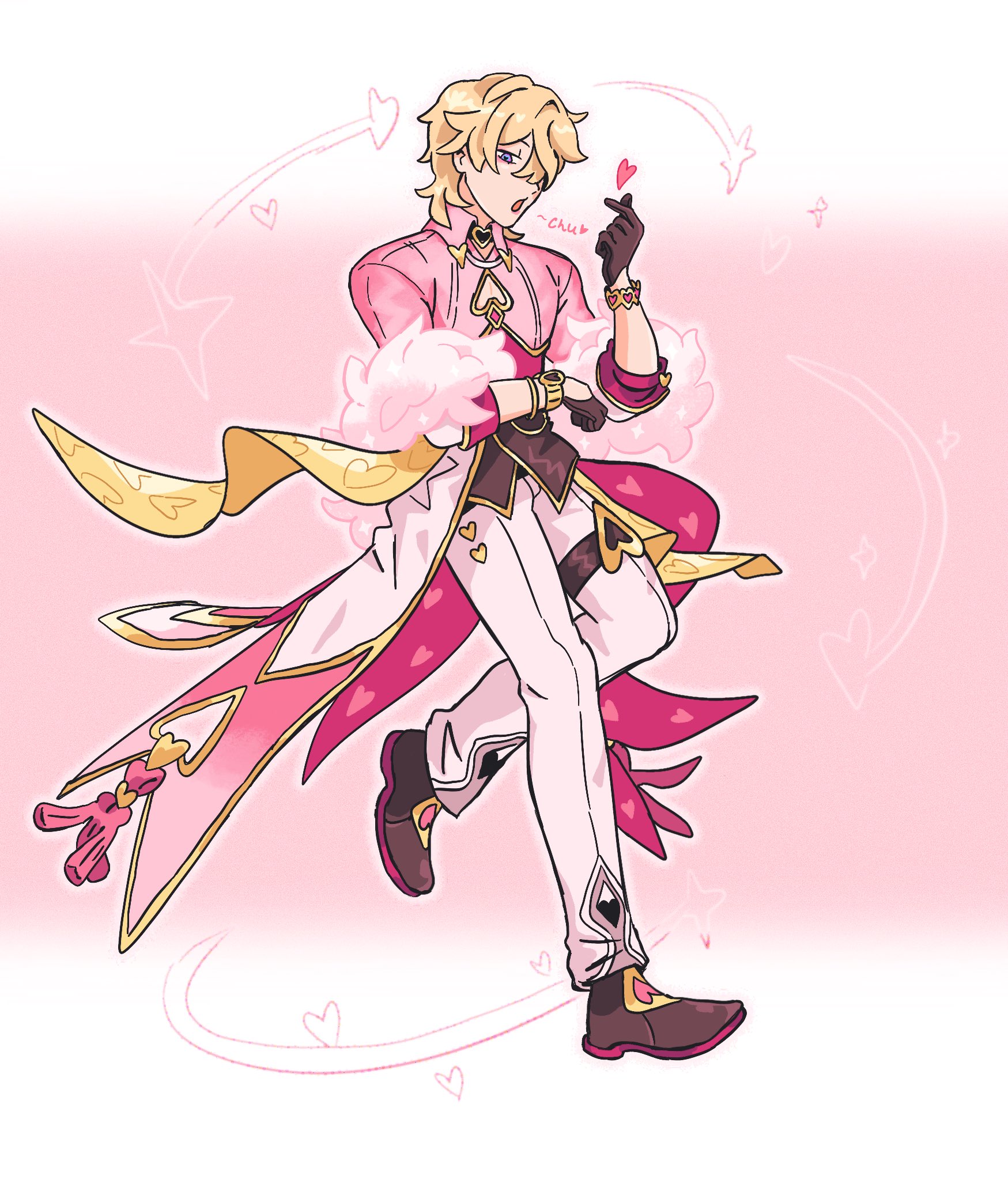 this is a digital illustration of a male anime character with blond hair and pink and white clothing. he is posing playfully with a charming smile, surrounded by hearts and a pink background. the style of the art is cute and charming, with a focus on details like the clothing and accessories. the character seems happy and confident, and the image conveys a feeling of love and playfulness.
