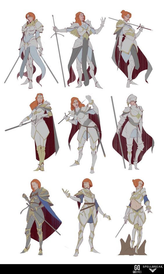 nine different concept sketches of a female warrior wearing armor and holding a sword in various poses against a plain white background. the warrior has red hair and the armor features gold accents. the bottom right corner features the "spellbreak" logo.