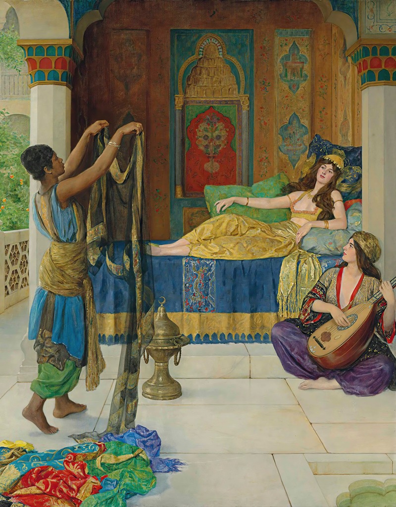 the painting depicts an interior scene featuring three women in an orientalist setting. on the left, a servant draped in blue, green, and gold clothing holds up a dark, patterned veil. in the center, a woman reclines on a bed with blue cushions, wearing a gold dress and headpiece. to the right, another woman sits crosslegged, playing a lute, dressed in purple trousers and a patterned top. the scene takes place on a terrace with columns, intricate architectural details, colorful tapestries, and a pile of fabric on the floor.