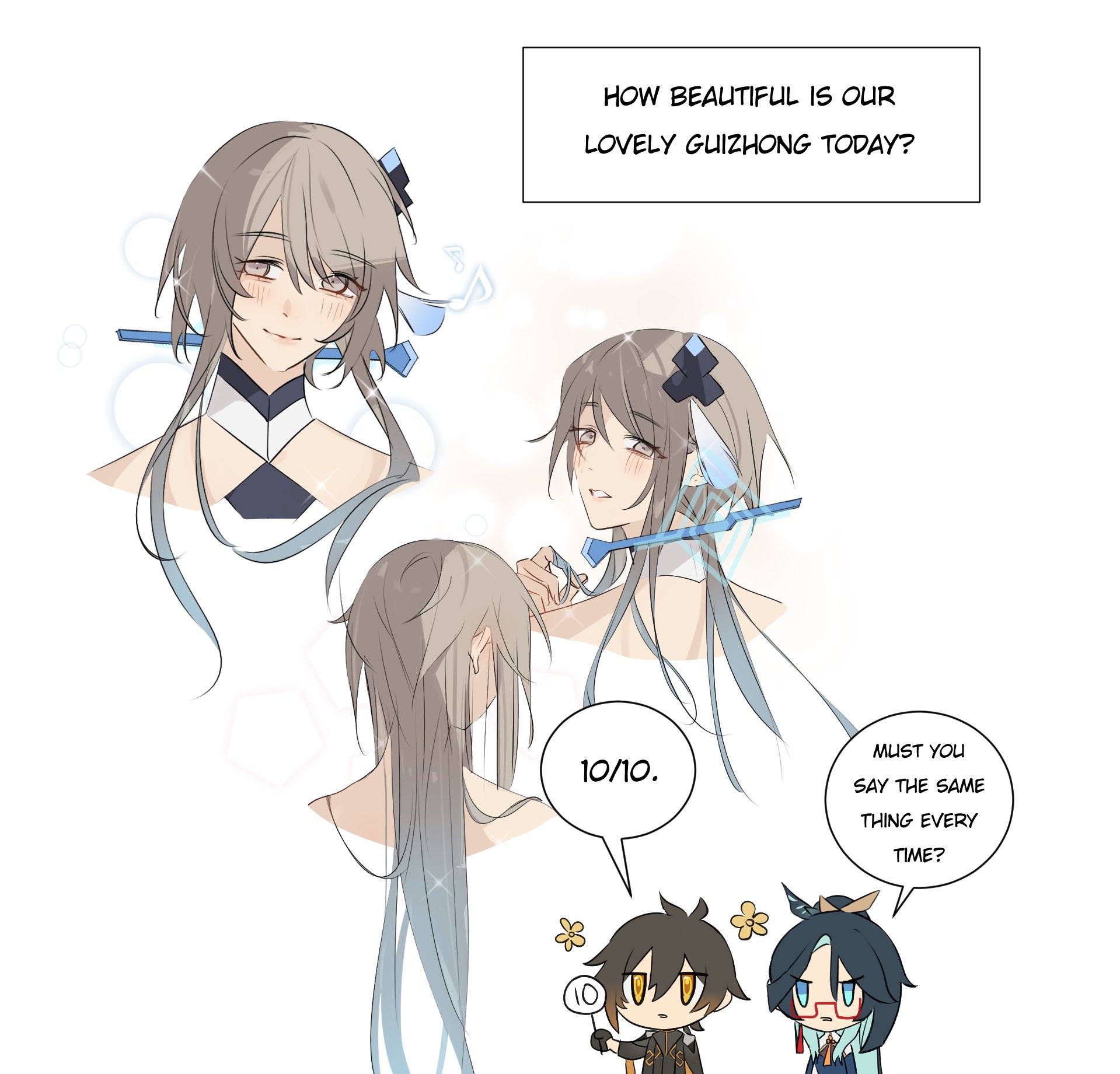 this image is a comic strip featuring three different characters, all of whom are young women. the character on the left is the main focus, with a closeup shot of her face. she has long, gray hair, blue eyes, and a big smile. her hair is styled with a blue ribbon and she is wearing a white dress. the other two characters are seen from a distance, their faces obscured by their long hair.  the character in the center is also wearing a blue ribbon, while the one on the right has a blue and white flower in her hair. all three characters are looking up at the camera and seem to be happy, and their smiles are very cheerful.
