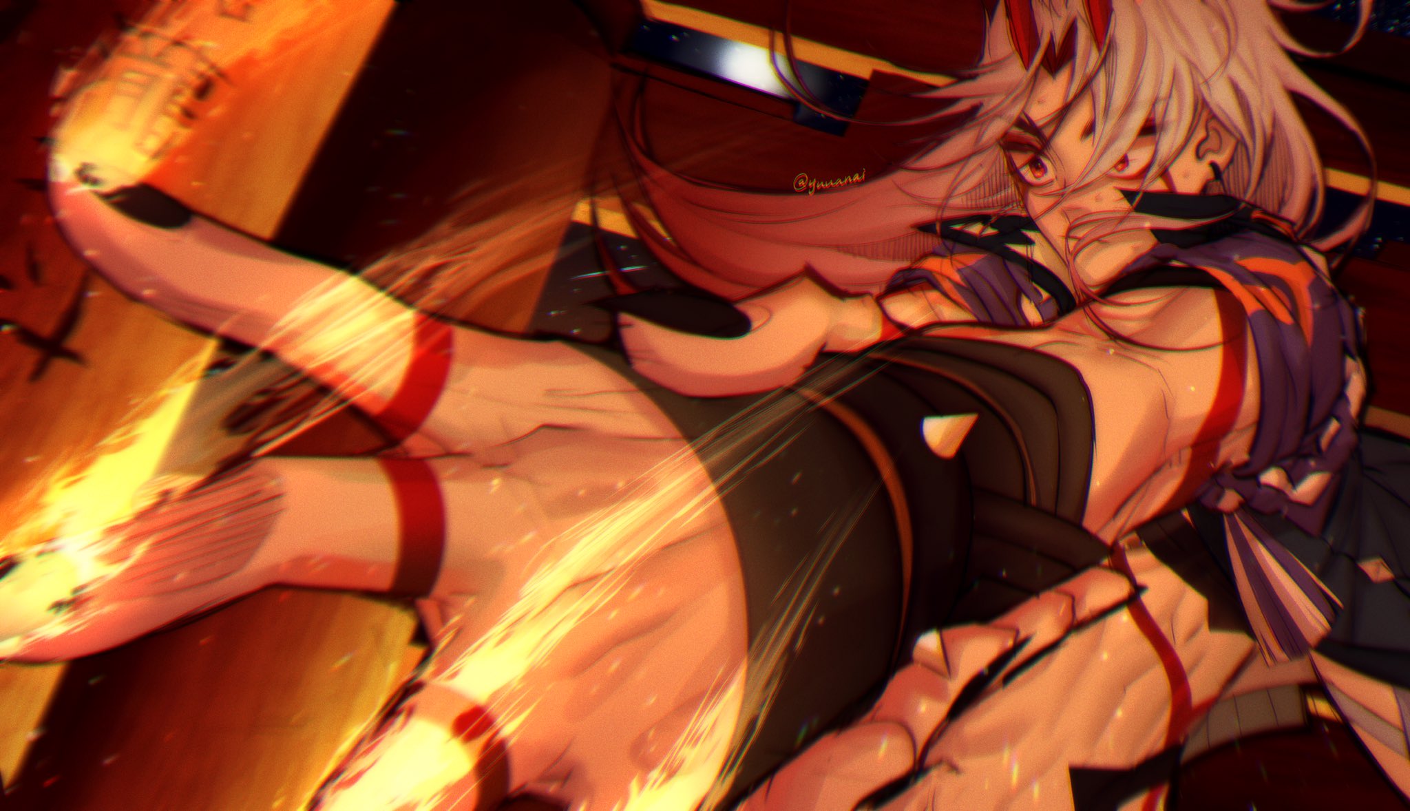 this is a digital art piece of an anime girl with white hair, wearing a black outfit with a red scarf and ribbon. she is surrounded by flames, as if she is in the middle of an intense battle, her hands are outstretched.