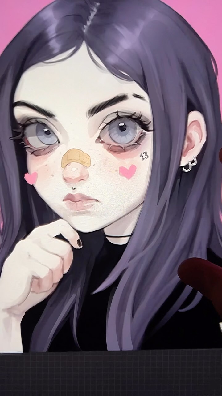 the image is a digital illustration of an animestyle girl with long purple hair. she has large, expressive eyes with a pale complexion, accented by pink heartshaped blushes on her cheeks.  she has a bandaid on her nose and wears small, simple earrings.  the style leans toward pastel goth, with dark elements contrasted by soft colors and cute details. her expression is somewhat serious or melancholic. the number "13" is visible on her cheek. she appears to be a teenager, possibly in her late teens, and dressed in dark clothing. the overall art style is smooth and detailed.