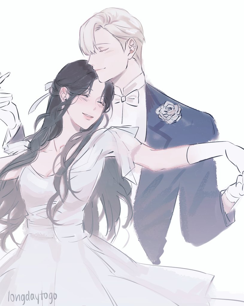 the image depicts a beautifully illustrated animestyle couple in a romantic embrace. the woman, with long dark hair, is wearing a flowing white dress, and the man, with light blonde hair, is in a dark tuxedo. they appear to be dancing closely, their bodies intertwined in a tender and intimate hug. the art style is soft and pastel, with light, flowing lines and a gentle color palette. the overall mood is one of love, romance, and elegance. the artist's signature, "longdaytogo," is subtly placed in the bottom left corner.