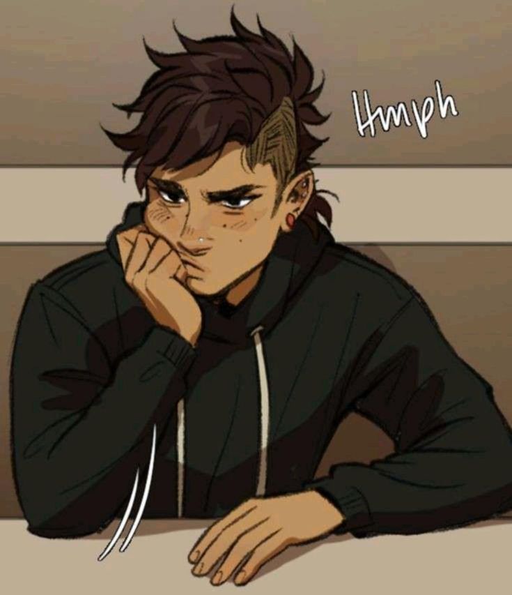 the image is a digital drawing or illustration in an anime/manga style, depicting a young male character. he has dark brown hair styled with an undercut and a design shaved into the side, along with earrings or piercings in his ear. he's wearing a darkcolored hoodie and has a slightly unimpressed or bored expression, with his hand resting on his chin. the background is simple and unfocused, drawing attention to the character.  a speech bubble containing the word "humph" suggests his attitude. the art style is reminiscent of webtoons or graphic novels. the overall mood is somewhat sullen or apathetic.