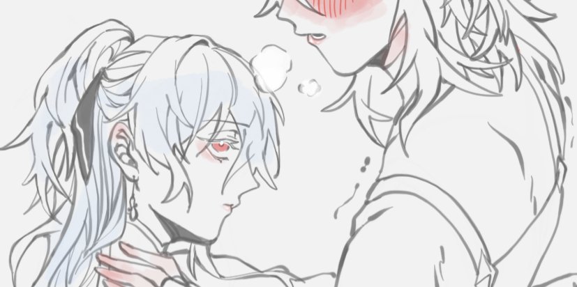 the image is a black and white drawing of an anime couple. the girl has long white hair with a black ribbon. the boy has long black hair and red eyes. the boy is leaning in to kiss the girl. they both have pink blush on their cheeks, which makes the scene look cute and romantic.