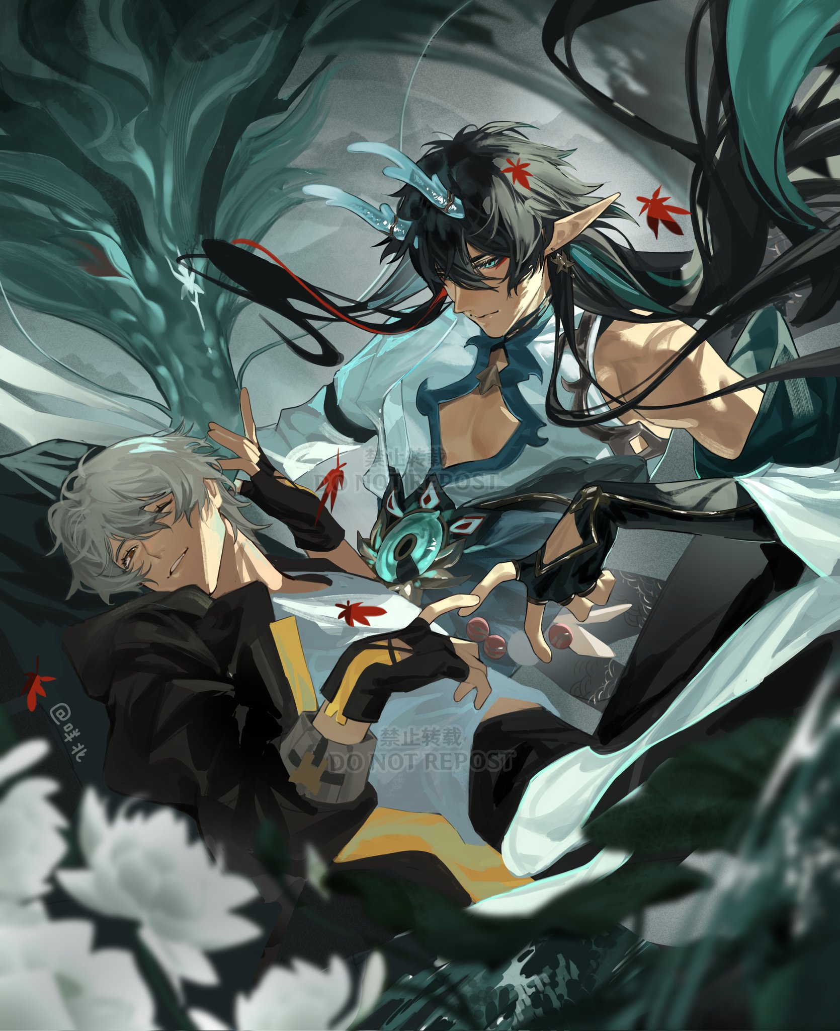 the illustration shows two male characters from a fantasy anime series. the character on the left has white hair and black eyes. he's wearing a black shirt and dark pants. the character on the right has long, black hair with a few green streaks, with horns and has a more elaborate, white, green and yellow outfit, decorated with flower petals.  the characters are in a forest setting, with green, leafy trees in the background, along with white flowers.