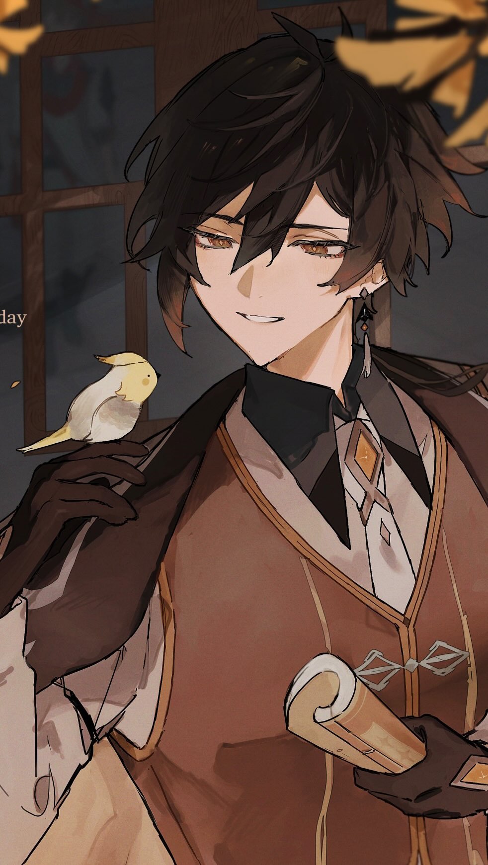 he image is a digital painting of an animestyle male character. he has long dark hair, brown eyes, and is wearing a brown coat, vest, and shirt. he is holding a small yellow bird in one hand and a scroll in the other. the background is a dark room with a window and autumn leaves. the overall style is elegant and sophisticated with a mysterious and calm atmosphere.