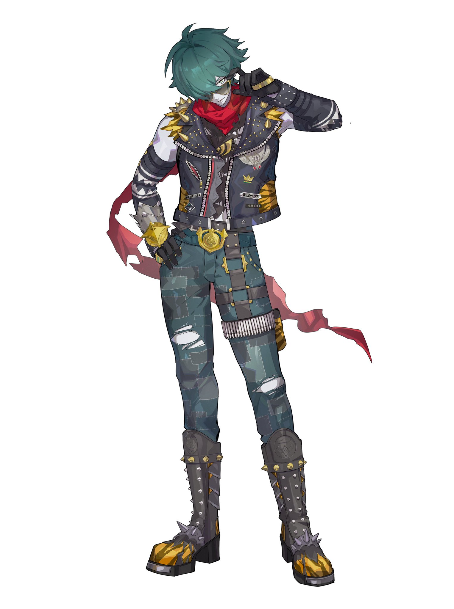 the image is a fullbody illustration of a male anime/manga character styled in punk rock fashion. he has teal green hair, a black studded leather jacket over a patterned shirt,  ripped plaid pants, and tall studded boots with tigerstriped detailing. he wears a red scarf, gold accessories, and gloves. the character has a slightly rebellious, casual pose, and the artwork style is stylized and detailed. he appears to be a fantasy or video game character. a red scarflike fabric trails behind him.