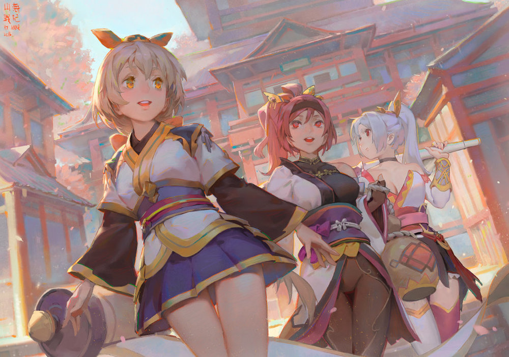 the image showcases a vibrant digital painting of three anime girls, dressed in colorful, traditional japanesestyle kimonos, walking through a town filled with cherry blossoms. the girls are smiling and appear to be friends, walking together. the architecture of the town is distinct, with traditional buildings lining the streets.  one girl carries a scroll, while another holds a stafflike weapon. the overall style is fantastical and whimsical.