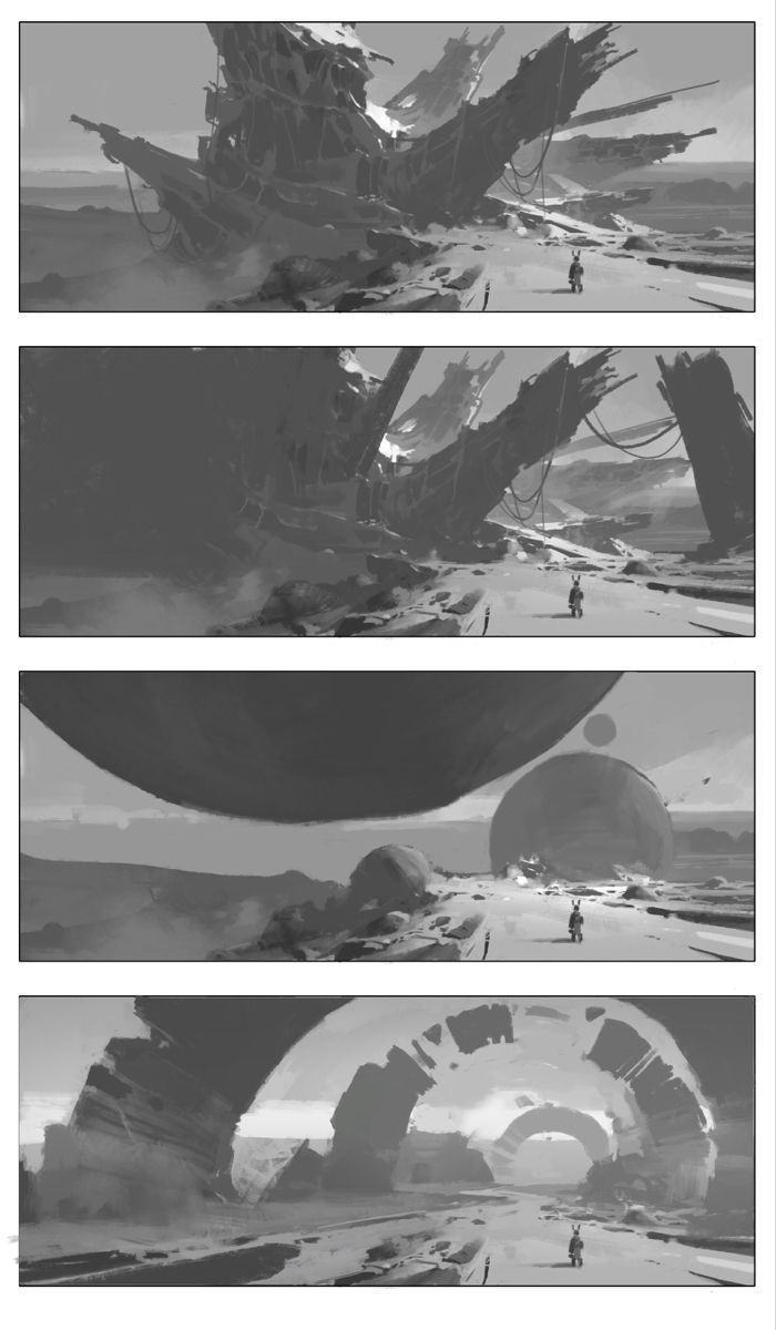he image is a series of four grayscale digital paintings or sketches showing a progression of environmental concept art.  each panel depicts a different stage in the development of a desolate, alien landscape. the first shows a massive, wrecked spaceshiplike structure dominating the foreground. subsequent panels show the environment refining, with a focus on large, imposing rock formations or planetary structures.  a tiny, lone figure is present in each panel, providing scale and emphasizing the vastness of the setting.  the overall mood is atmospheric and dramatic, with a focus on light and shadow to create depth and texture. the style is painterly, with visible brush strokes or digital equivalents.