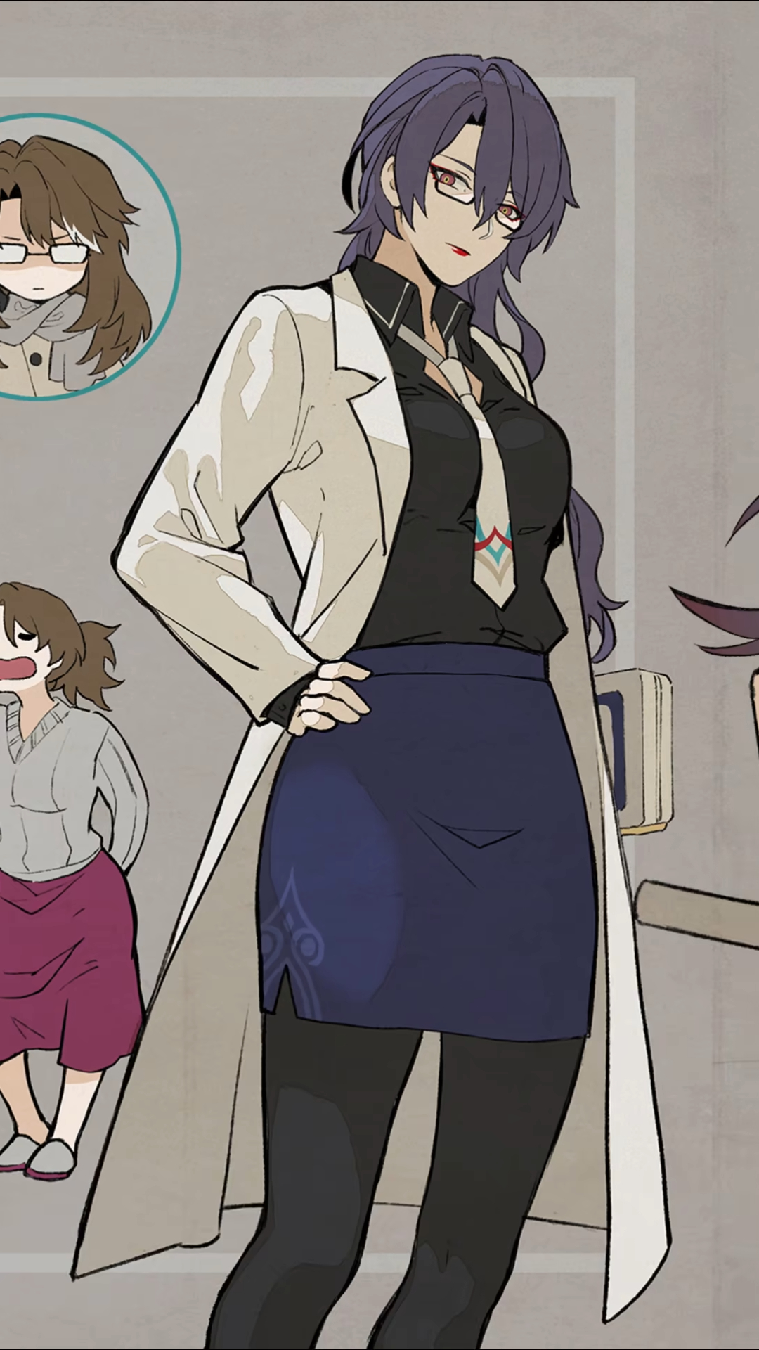 he image shows an animestyle illustration of a woman with long purple hair, wearing glasses, a lab coat, a black shirt, a dark blue skirt, and black tights. she has her hand on her hip and appears confident. there are other smaller figures of women visible in the background. the style of the art is similar to manga or light novel illustrations. the overall palette is muted, with greys, purples, and blues predominating.