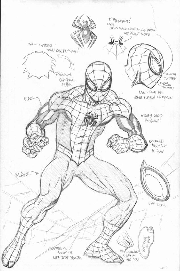 a pencil sketch of spiderman's design. this sketch focuses on the design of his costume. the image includes details about his facial expression and costume design, including the pointed teeth, the angry eyes, the design of the boots, and the retractable claw on the big toe.