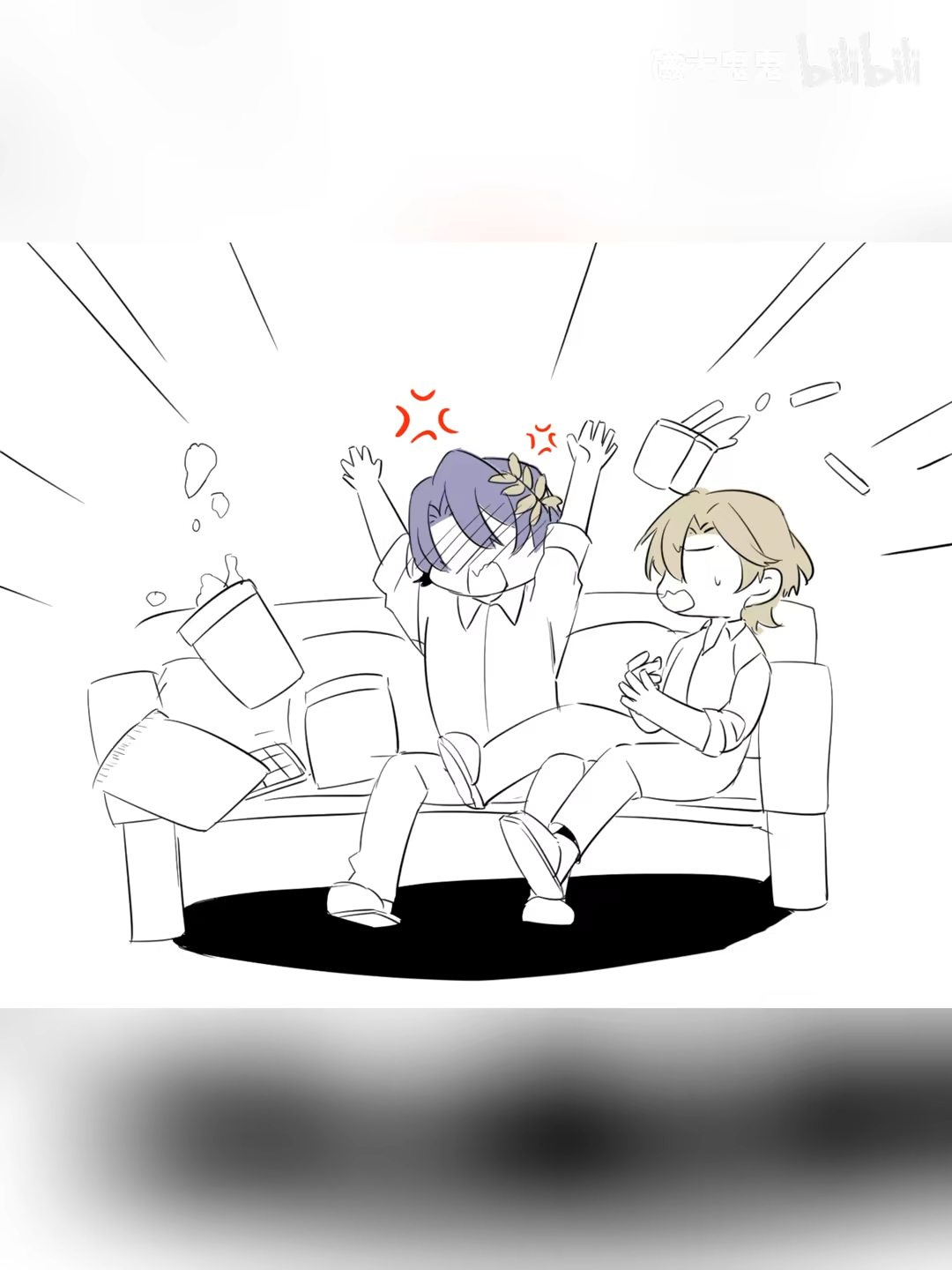 the image is a lighthearted and slightly chaotic animestyle illustration or drawing. two young men, drawn in a chibi style (exaggeratedly large heads and small bodies), are on a couch. one is visibly angry, throwing things (possibly popcorn or snacks), and the other appears more calmly observing or reacting to the situation. the overall style is sketchy and informal, with motion lines indicating the thrown objects and expressions depicting playful anger or frustration.  the background is minimal, focusing on the characters and their interaction. a watermark suggesting "bilibili" (a chinese videosharing website) is visible. the color palette is primarily greyscale.