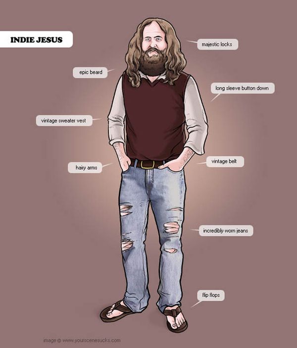 the image is an illustration of a man labeled "indie jesus." he has long hair and a beard. he is wearing a vintage sweater vest over a long sleeve button down shirt, a vintage belt, ripped jeans, and flip flops. the image includes labels pointing to the various aspects of his attire.