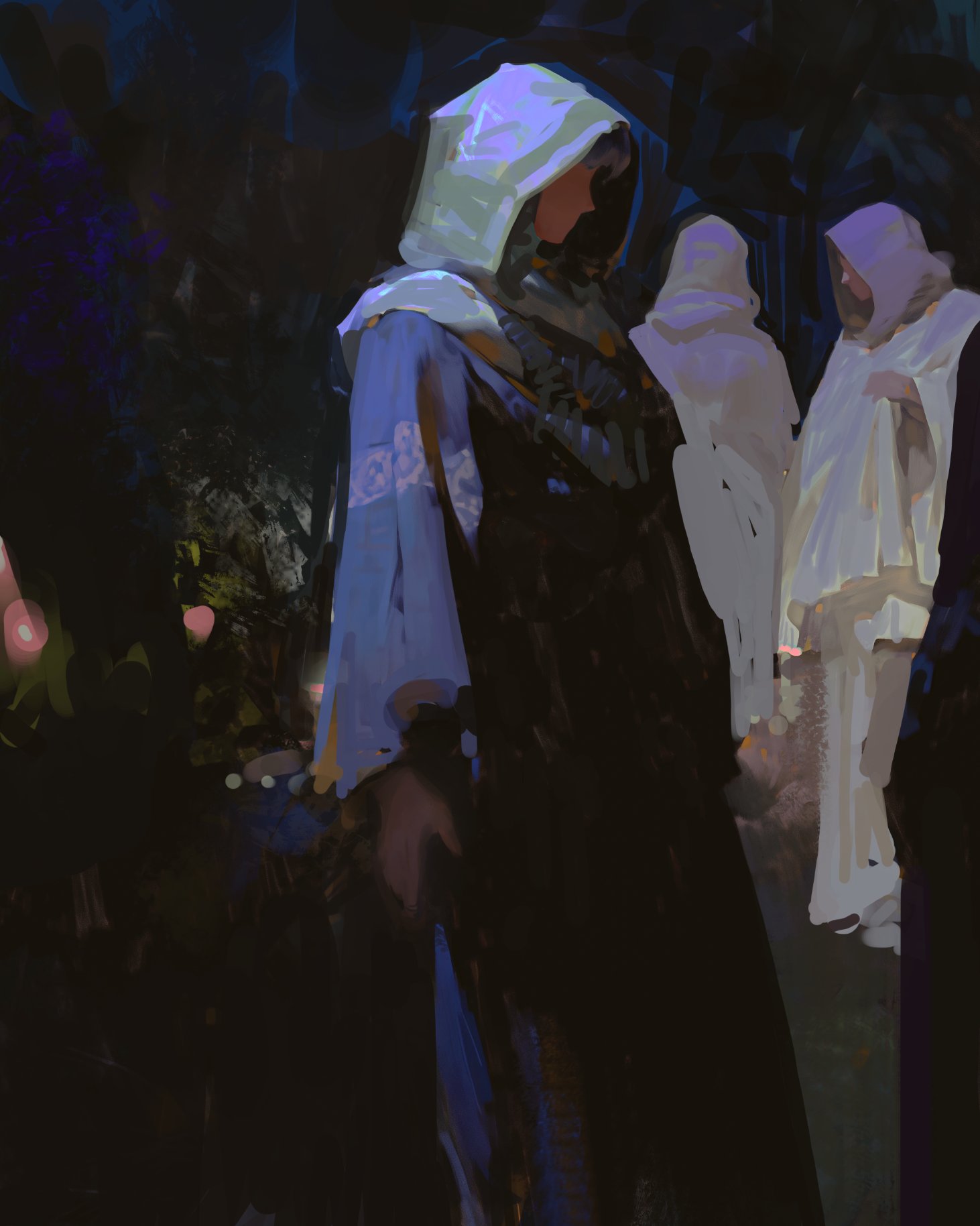 the image is a digital painting depicting three hooded figures standing in a dark, shadowy environment. the figures are clad in cloaks, with the central figure's cloak being a vibrant blue and the other two cloaks being a pale white. the scene evokes a sense of mystery and intrigue, with the figures' faces obscured and the setting shrouded in darkness. the painting is done in a stylized, painterly style, with loose brushstrokes and a hazy atmosphere.  the artwork hints at a fantastical or magical setting, possibly involving intrigue or secret societies.