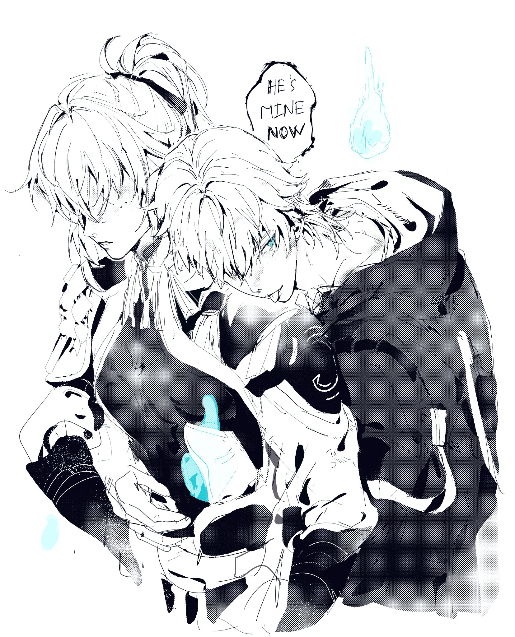 the image depicts two anime characters, a boy and a girl, embracing each other in