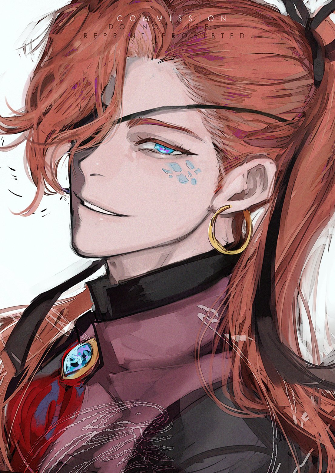 this is a digital art illustration of a male anime character. he has red hair that goes past his shoulders, a black eyepatch, and a blue eye. he has a gold hoop earring in his left ear. he's wearing a black collar over a pink shirt with a jewel on it. the background is white.