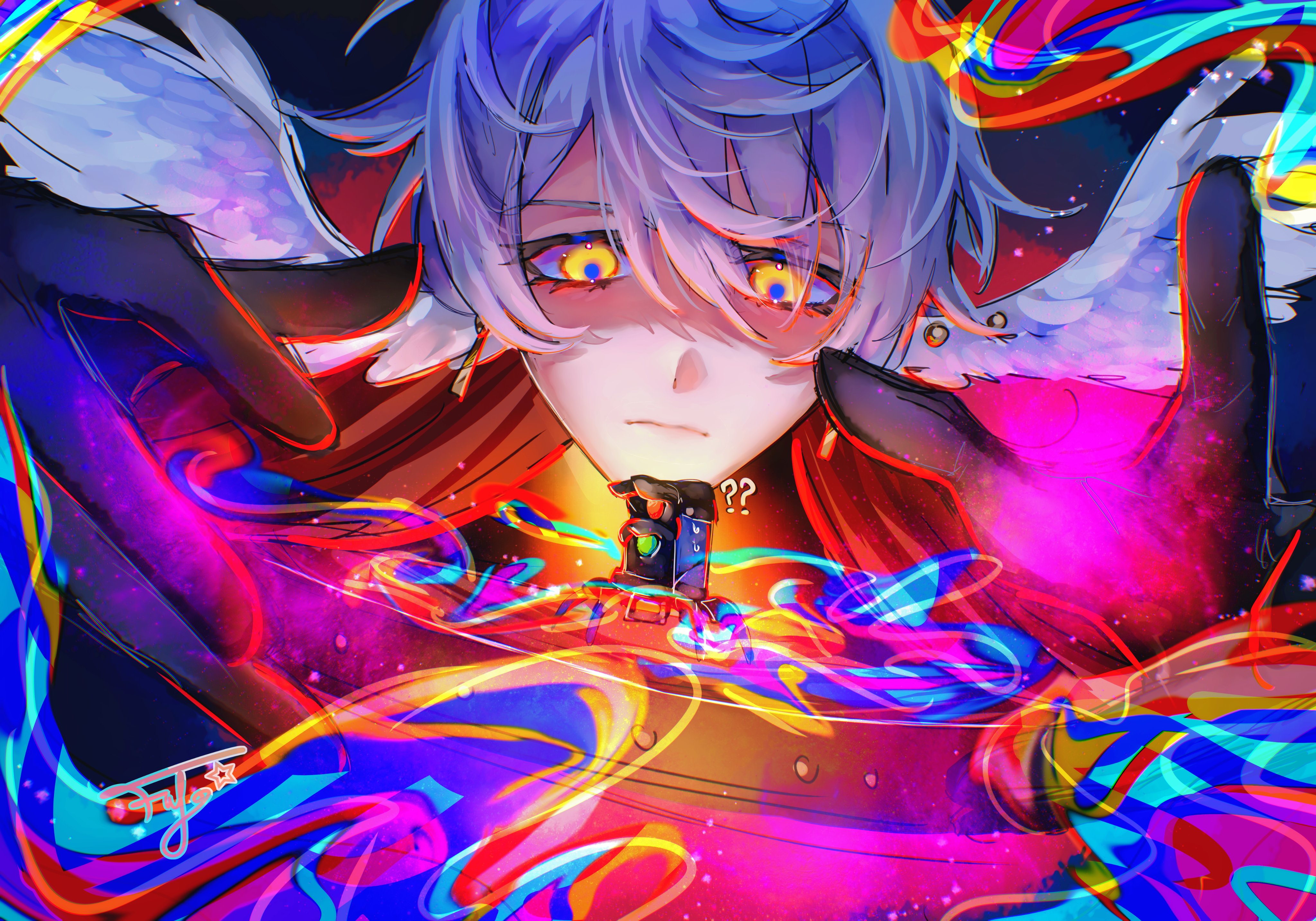 the image is a vibrant digital painting or fanart depicting an animestyle character. the character has long, flowing white and blue hair, striking yellow eyes filled with emotion, and is wearing a red and black outfit with what appears to be winglike appendages.  they are surrounded by a swirling, abstract vortex of bright, rainbowlike colors and glowing particles, giving a magical or cosmic feel.  the character's hands are positioned near their face, seemingly interacting with the swirling energy. a small, mysterious device or object is visible in their chest area with question marks floating nearby, adding to the image's air of mystery. the overall style is highly stylized and expressive, blending realism with abstract elements.