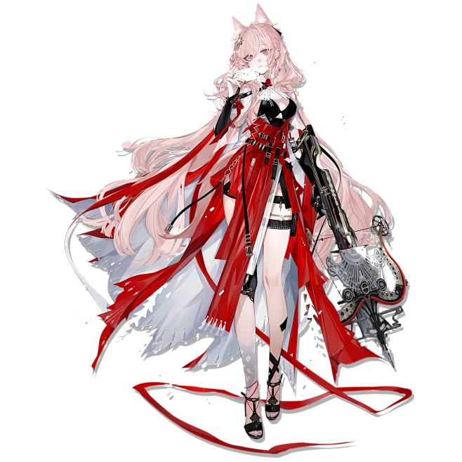 this animestyle image features a young woman with long pink hair and fox ears. she's dressed in an elaborate red and white outfit with thighhigh boots and carries a large, ornate crossbow. her pose is dynamic, with her clothing and hair flowing around her. the background is dark and abstract, drawing focus to the brightly lit character.
