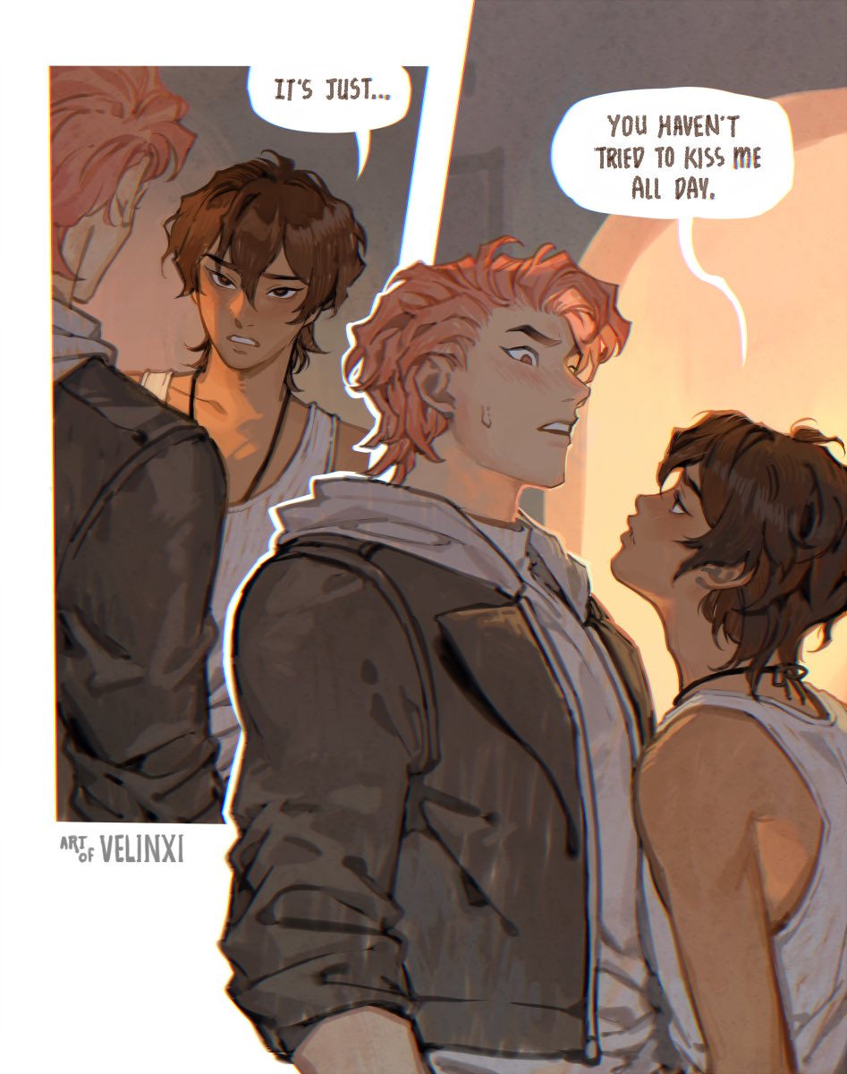 the image is a comic panel of three different guys. one guy says, "it's just..." the second guy says, "you haven't tried to kiss me all day."