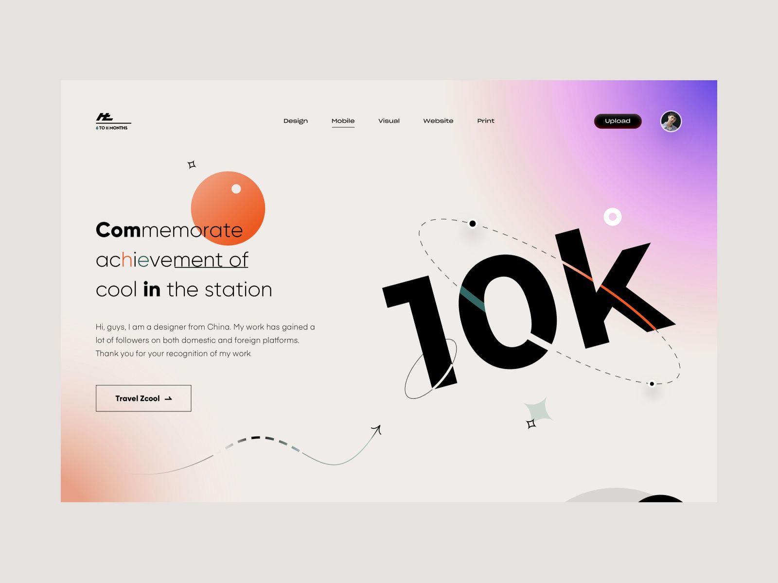 the image is a screenshot of a webpage celebrating 10k followers. it features the number 10k in a large, stylized font with a black and white color scheme and some decorative elements like circles and lines. the text on the page thanks the followers for their support and mentions the designer's work. there is also a link to their profile on the travel zcool website. the overall design is clean and modern.