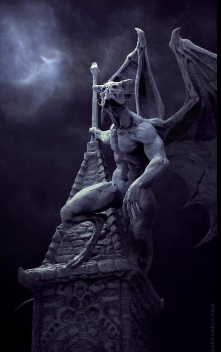 the image depicts a gargoyle sculpture sitting atop a stone building or structure at night. the gargoyle is a humanoid figure with wings and a demonic face, exuding an evil and creepy vibe. the gothic architecture, combined with the dark and mysterious atmosphere, contributes to the overall horrorthemed image.